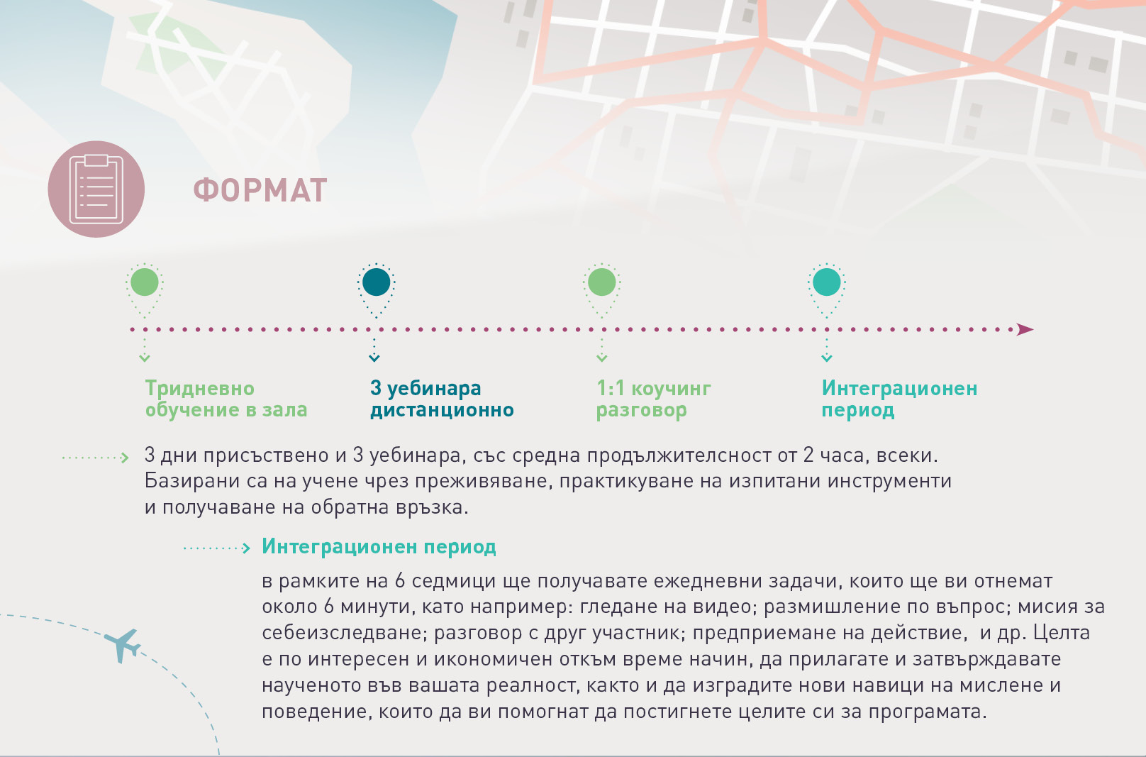 Тридневно
обучение в зала
3 уебинара
дистанционно
1:1 коучинг
разговор
Интеграционен
период
3 дни присъствено и 3 уебинара, със средна продължителсност от 2 часа, всеки.
Базирани са на учене чрез преживяване, практикуване на изпитани инструменти
и получаване на обратна връзка.
Интеграционен период
в рамките на 6 седмици ще получавате ежедневни задачи, които ще ви отнемат
около 6 минути, като например: гледане на видео; размишление по въпрос; мисия за
себеизследване; разговор с друг участник; предприемане на действие, и др. Целта
е по интересен и икономичен откъм време начин, да прилагате и затвърждавате
наученото във вашата реалност, както и да изградите нови навици на мислене и
поведение, които да ви помогнат да постигнете целите си за програмата.
